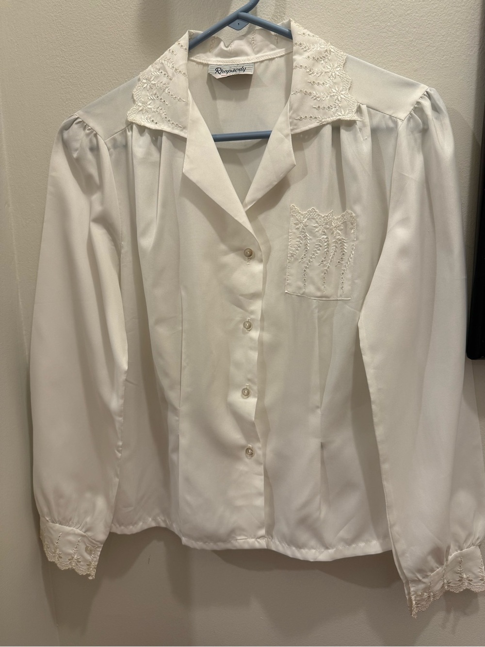 Vintage White Lace Collar Blouse Made in USA Romantic Cottagecore Button Front S